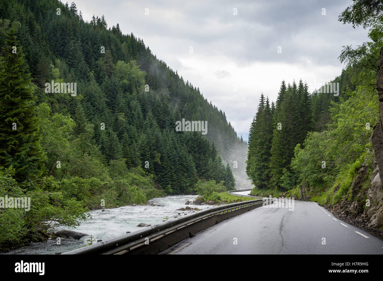 Strada norvegese tra il fiume e le montagne. Foto Stock