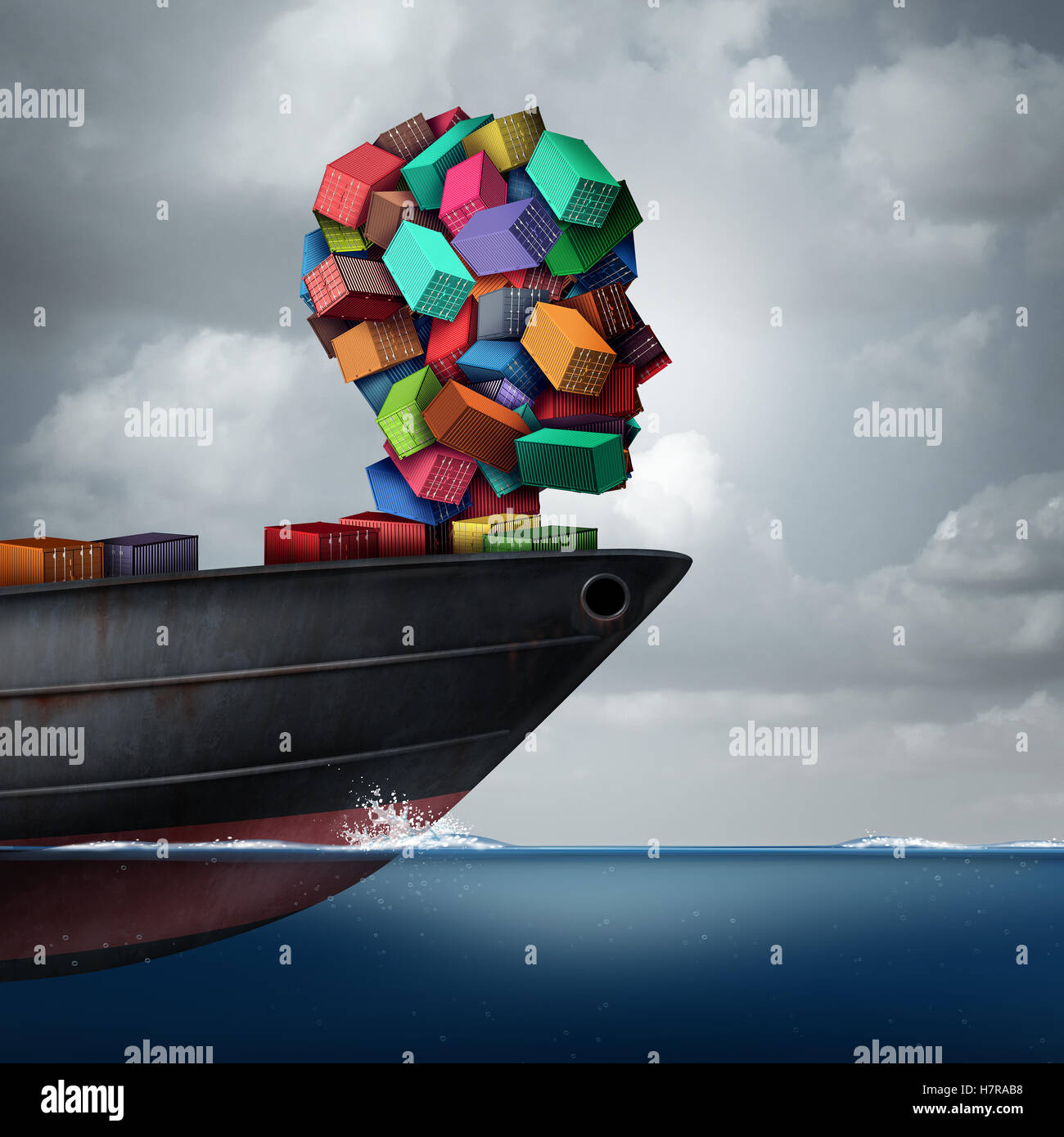 Spedizioni cargo nozione come un contenitore globale nave cisterna il trasporto merci a forma di una testa umana come un mezzo di trasporto e il commercio metafora con 3D'illustrazione degli elementi. Foto Stock