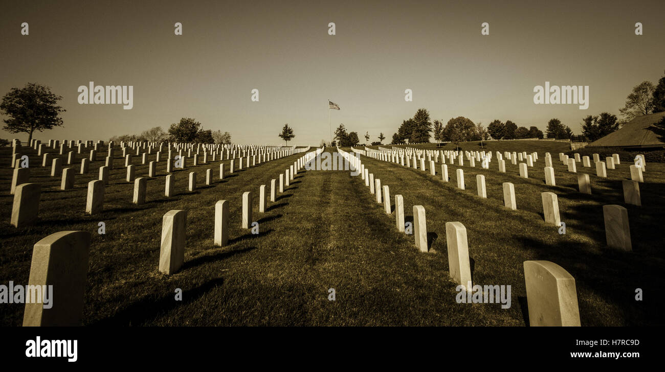 Noi veterani del cimitero con bandiera americana. Righe di soldati tombe con una bandiera americana all'orizzonte a Camp Nelson. Foto Stock