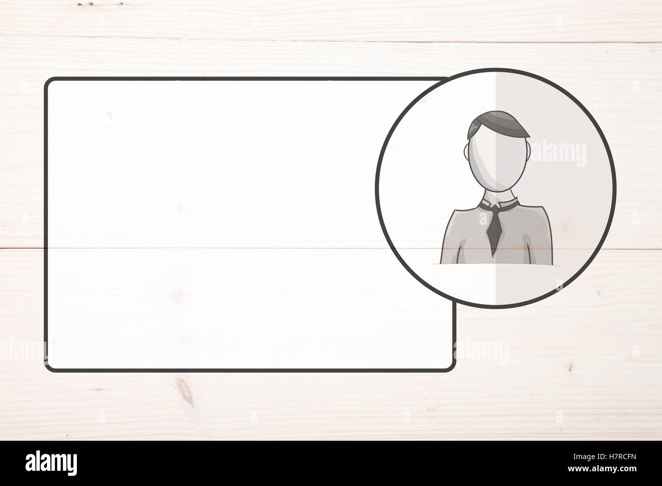 Nome distintivo con avatar su bianco sullo sfondo di legno Foto Stock