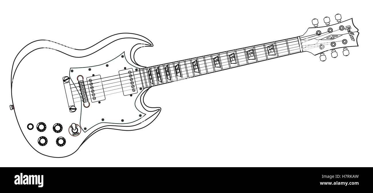 Un corpo solido di chitarra elettrica il disegno della linea in uno sfondo bianco. Illustrazione Vettoriale