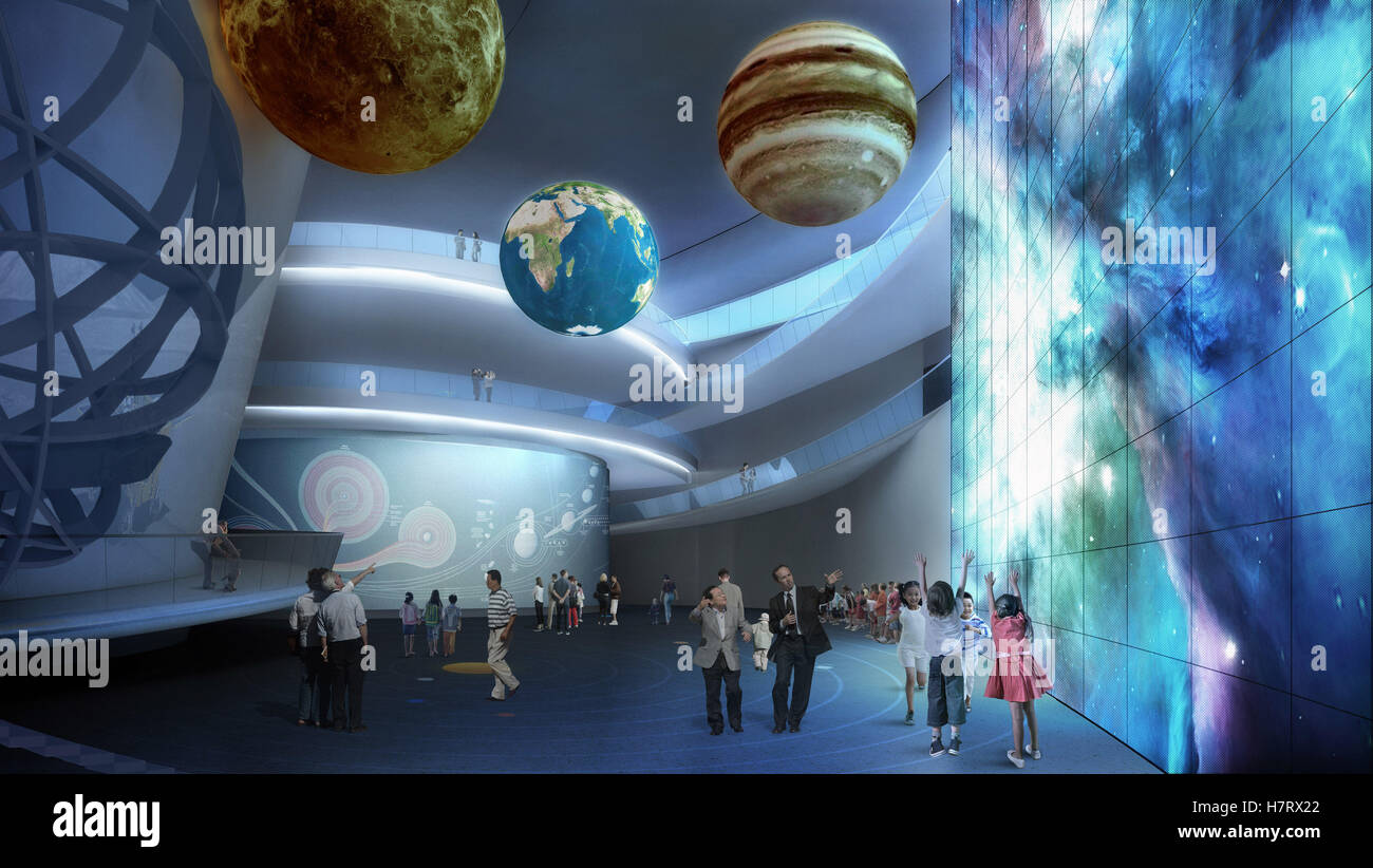 Shanghai. 8 Novembre, 2014. Un rendering viene presentato durante la fondazione la cerimonia di posa della Shanghai Planetarium a Shanghai in Cina orientale, nov. 8, 2016. Copre un'area di 38,164 metri quadrati, il planetario comprende un edificio principale e secondaria di costruzioni, come una base di osservazione per i giovani, una torre solare e di un osservatorio. © Xinhua/Alamy Live News Foto Stock