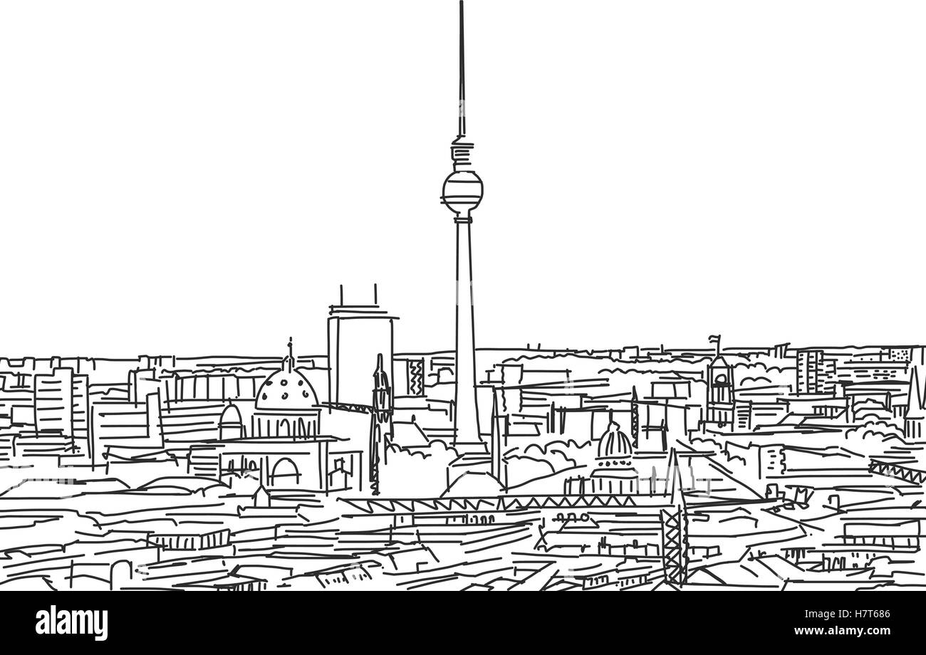 Città, arte, Berlino, skyline, disegno, foto, foto, immagine, copia Illustrazione Vettoriale