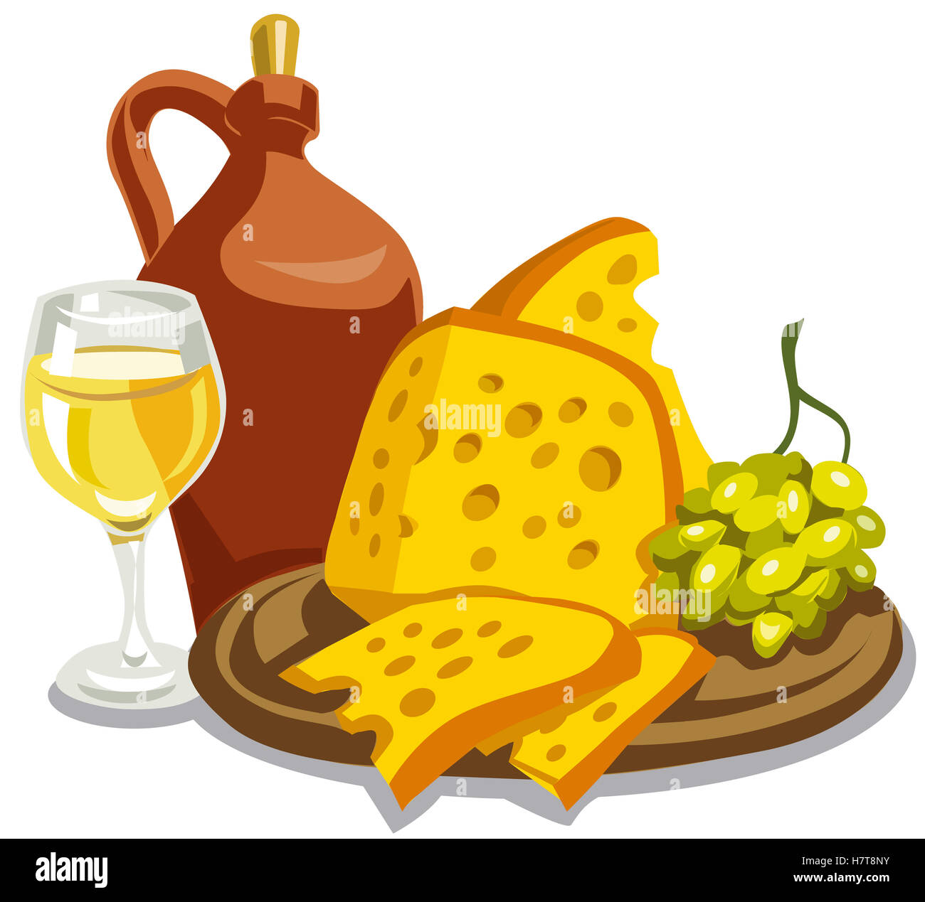 Illustrazione della caraffa in ceramica con vino, formaggio e uva Foto Stock