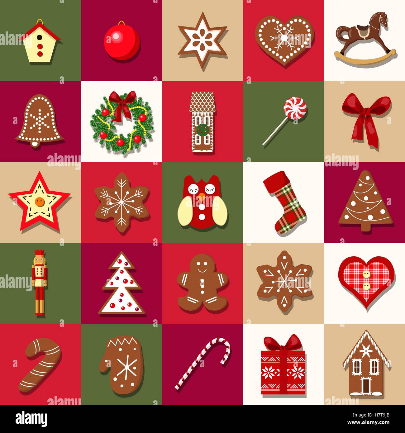 Natale calendario dell'Avvento con diversi oggetti. A Natale decorazione ad albero. Set di icone di Natale. illustrazione vettoriale. Per po Illustrazione Vettoriale