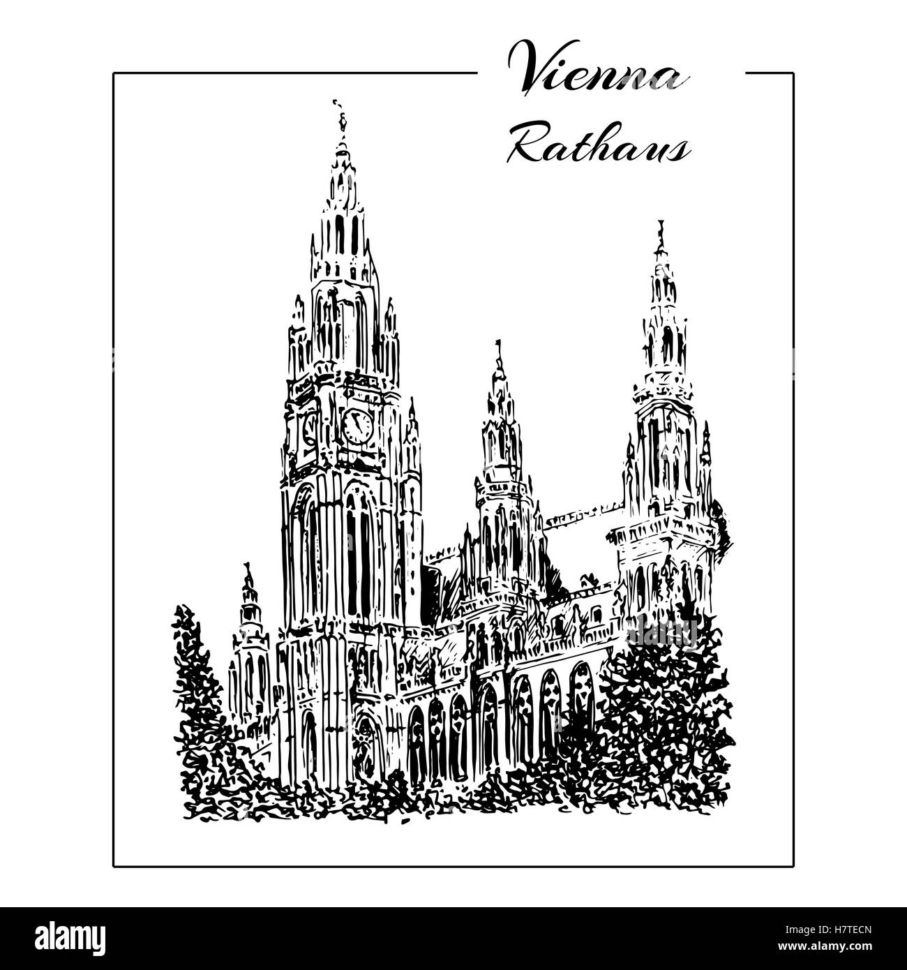 Vienna Rathaus. Mano di vettore bozzetto Illustrazione Vettoriale