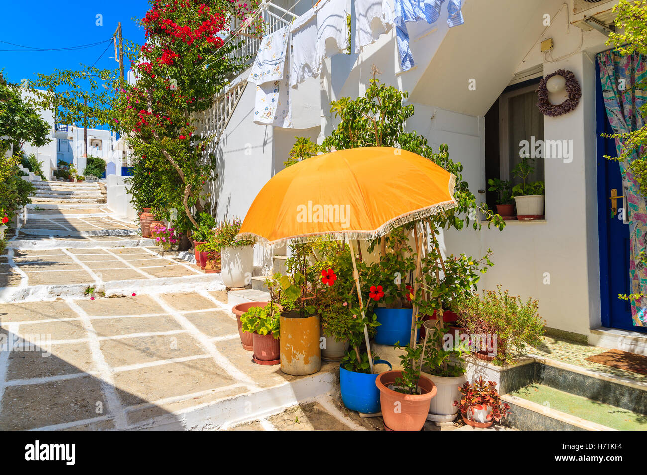 Ombrellone e vasi di fiori nella parte anteriore di un greco Casa tipica a Naoussa città sull isola di Paros, Grecia Foto Stock