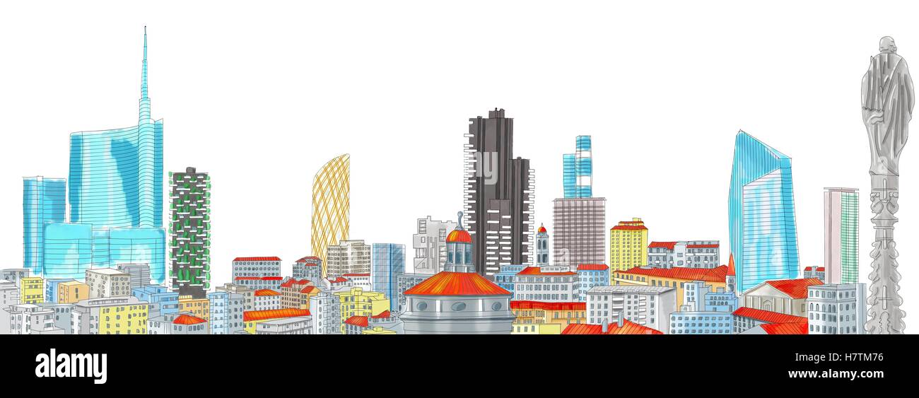 Nuovo skyline di Milano, disegno a mano libera. Il Diamond Tower e grattacieli, Torre Solaria, Unicredit Tower, Italia Foto Stock