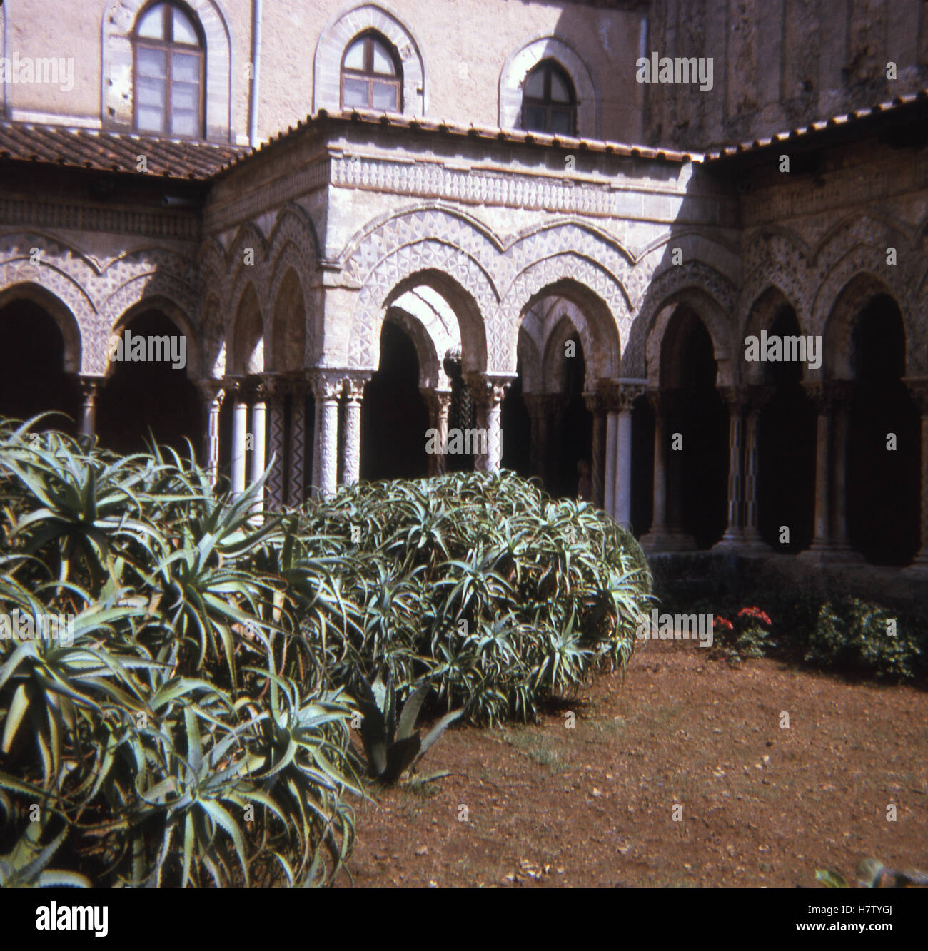 Questa diapositiva, presa entro la zona del chiostro di Monreale, il Chiostro benedettino, a Palermo risale al 1970. Il chiostro risale a c. 1200 A.D e ha 26 arcate che poggiano su colonne. I capitelli, realizzato sotto forma di marmo bianco, hanno scene del Vecchio e del Nuovo Testamento. Alcun capitale design è ripetuto. Foto Stock