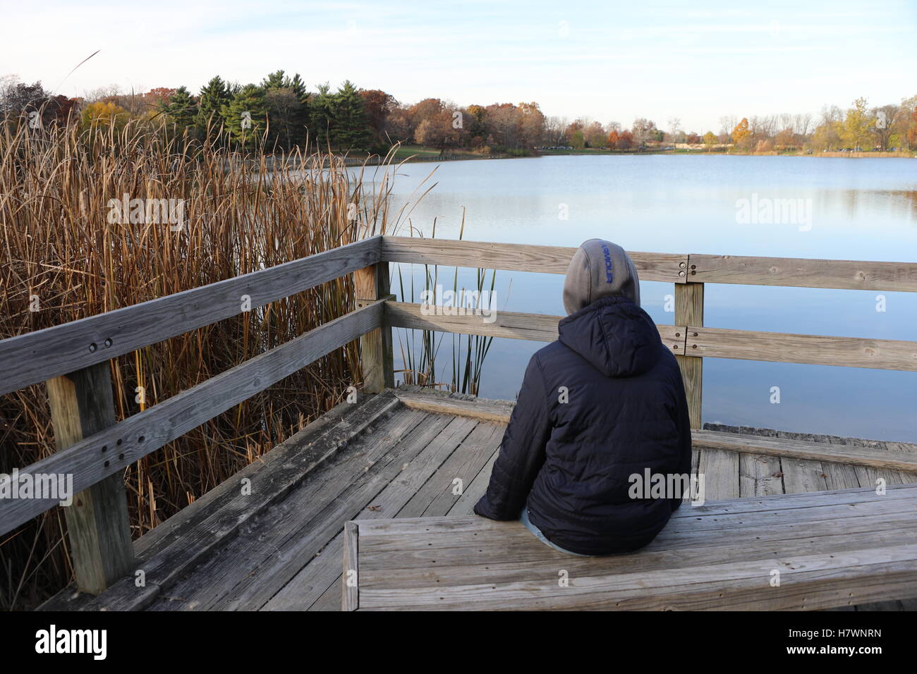 Autunno a Herrick Lago. Ragazzo in felpa con cappuccio è seduta sul banco di legno e guardando il lago. Foto Stock