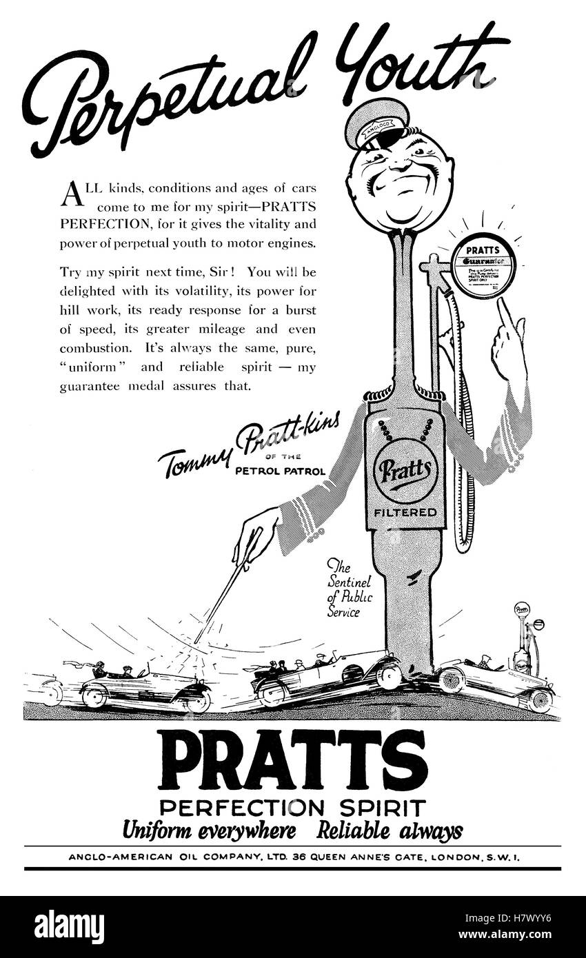 1925 British pubblicità per Pratts benzina Foto Stock