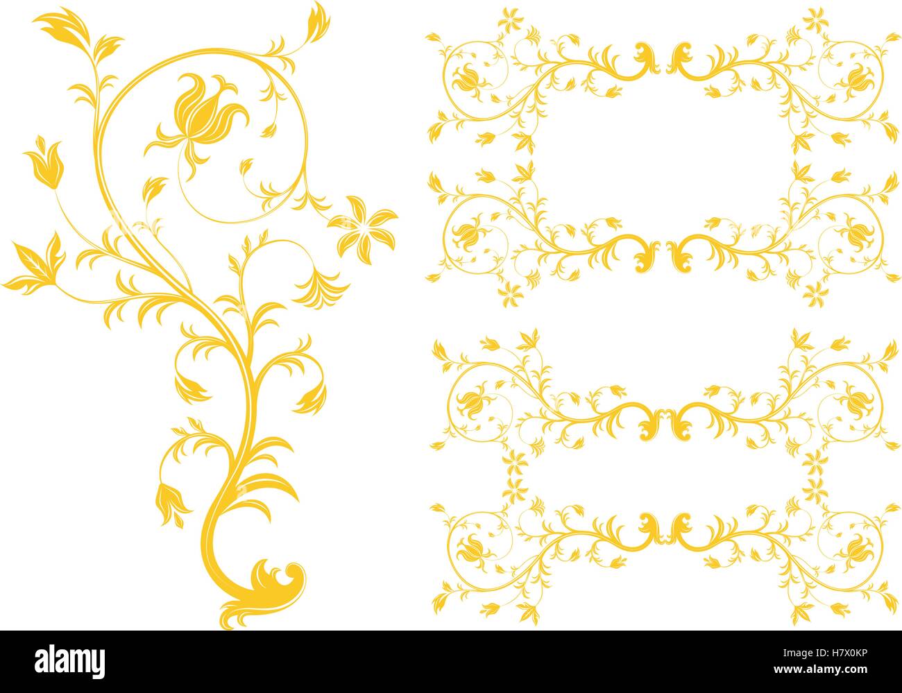 Golden floreali testurizzato cornici ornati, ornamenti decorativi, fiorisca e elementi di chiocciola Illustrazione Vettoriale