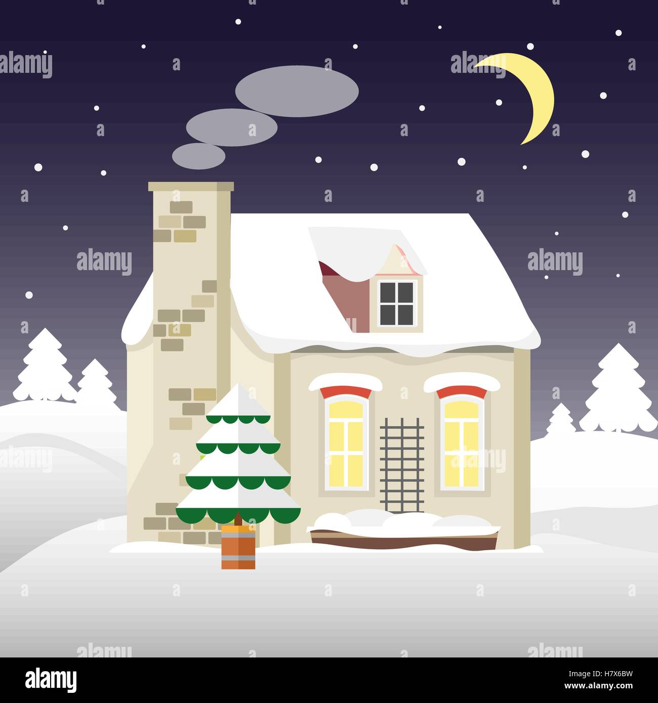 Casa natale su uno sfondo di notte d'inverno. In stile appartamento. Piccolo cottage. Merry card. Illustrazione Vettoriale