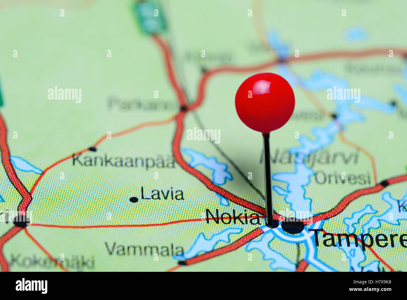 Nokia imperniata su una mappa di Finlandia Foto Stock