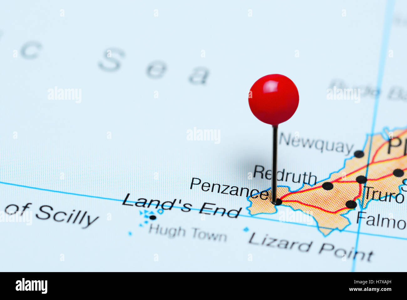 Penzance imperniata su di una mappa del Regno Unito Foto Stock