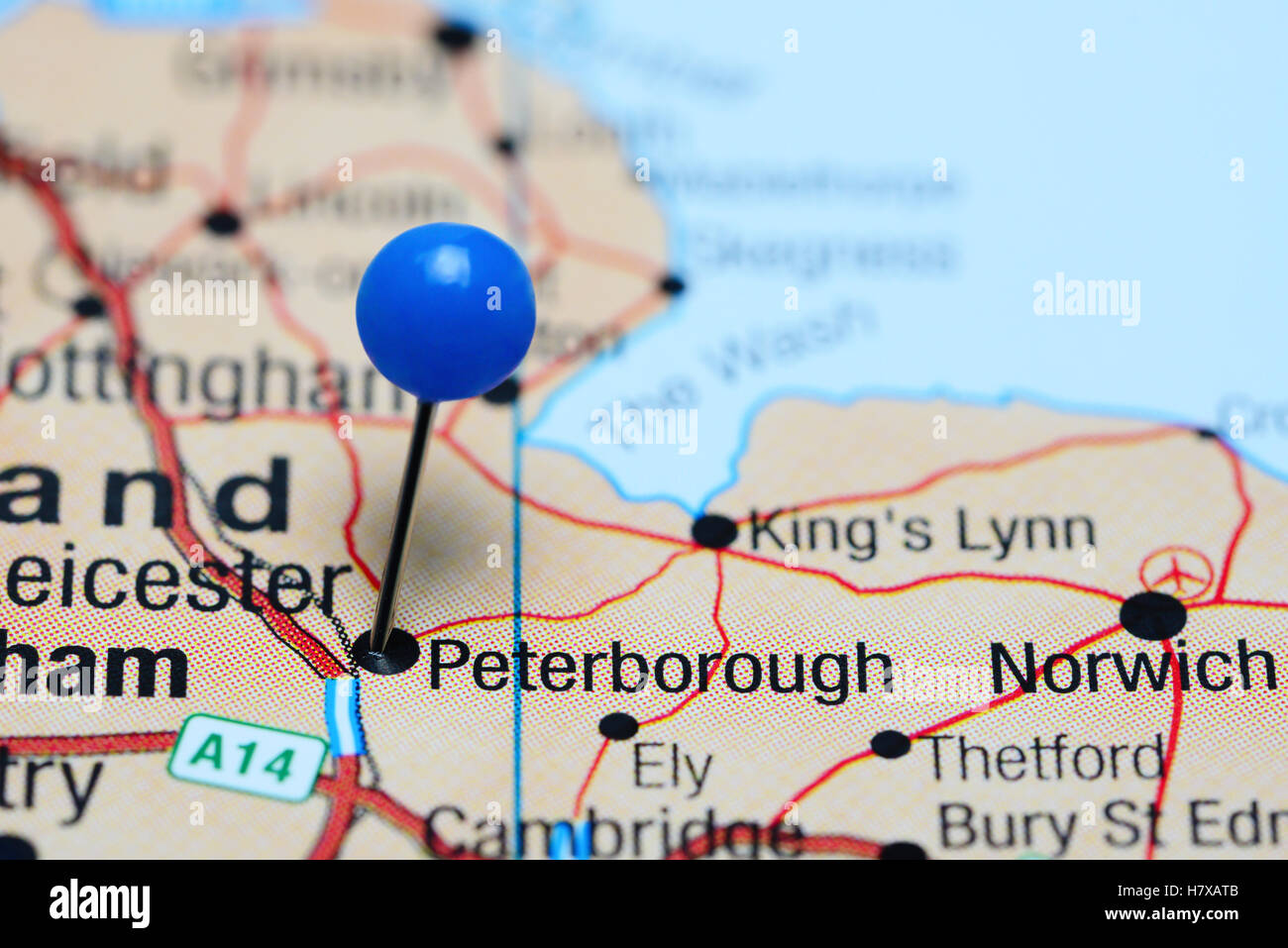 Peterborough imperniata su di una mappa del Regno Unito Foto Stock