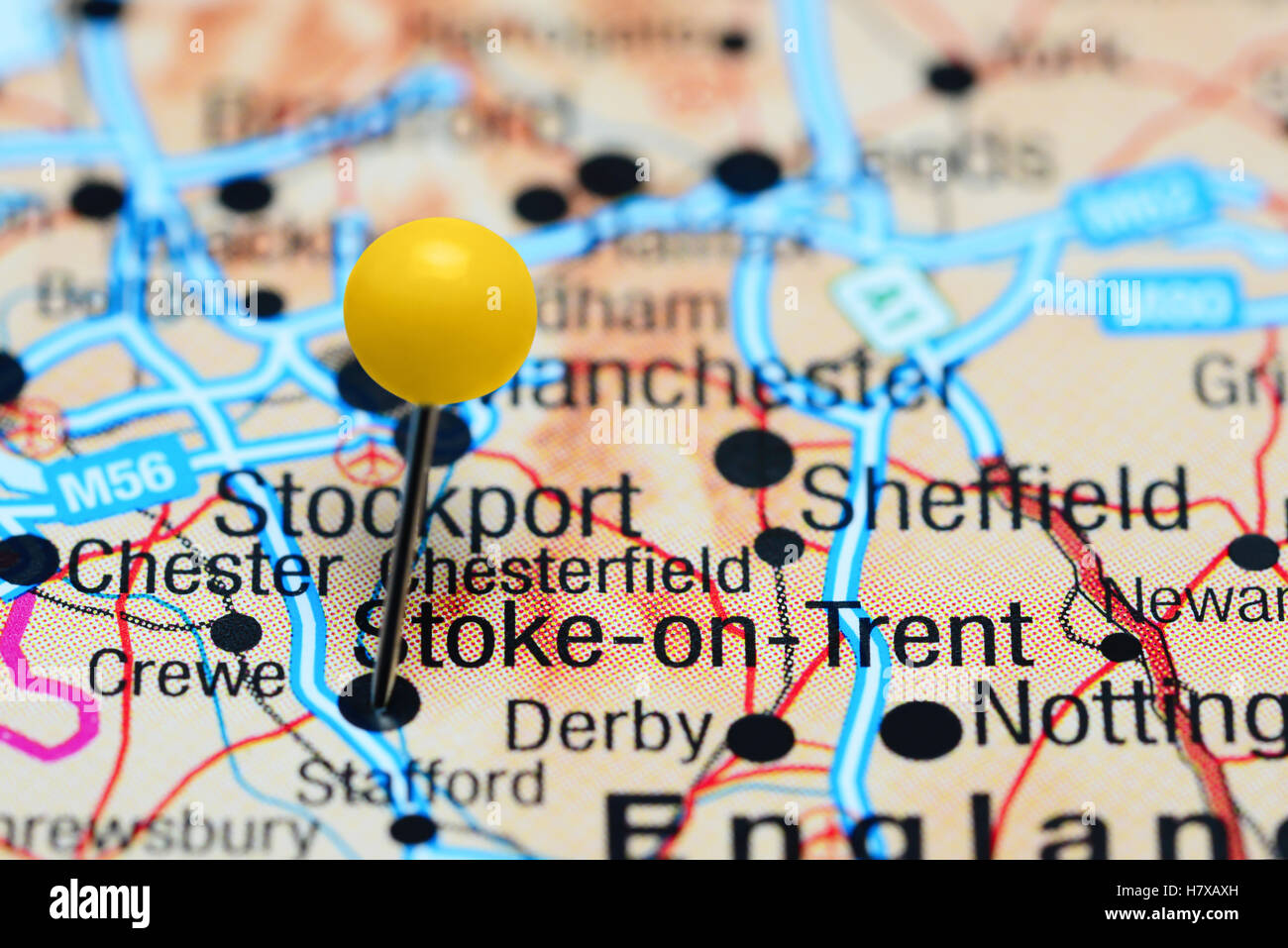 Stoke-on-Trent imperniata su di una mappa del Regno Unito Foto Stock