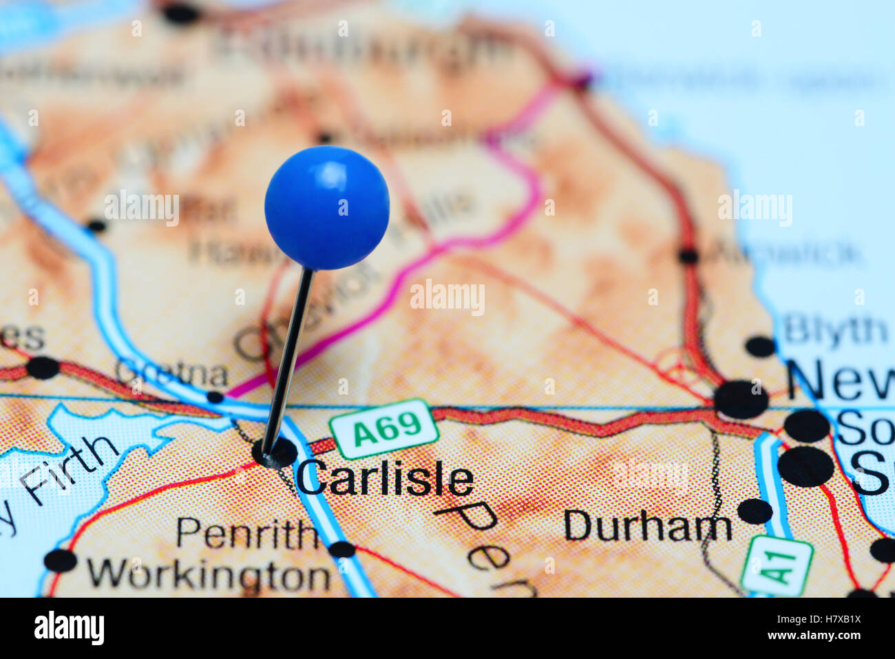 Carlisle imperniata su di una mappa del Regno Unito Foto Stock