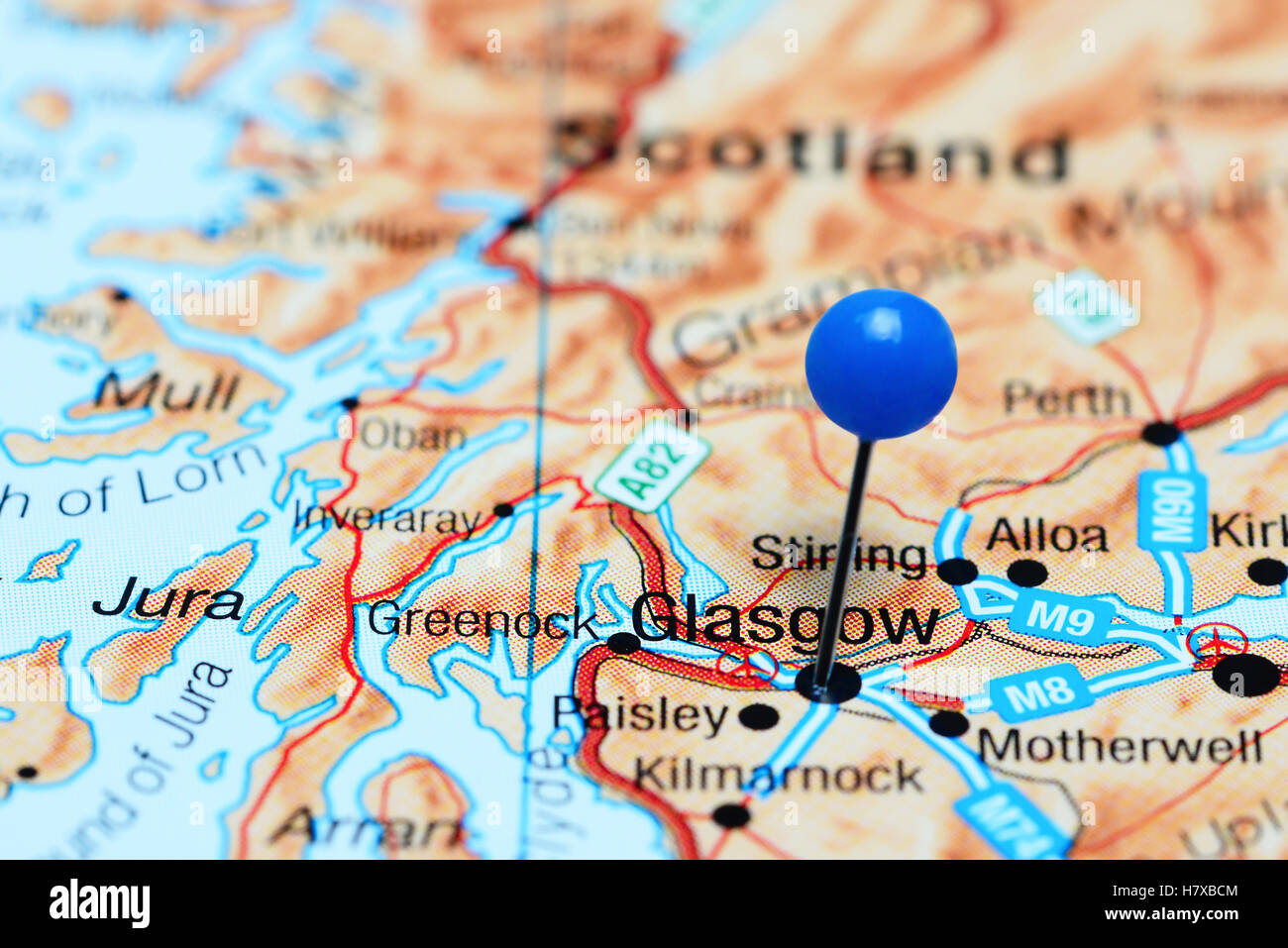 Glasgow imperniata su una mappa della Scozia Foto Stock