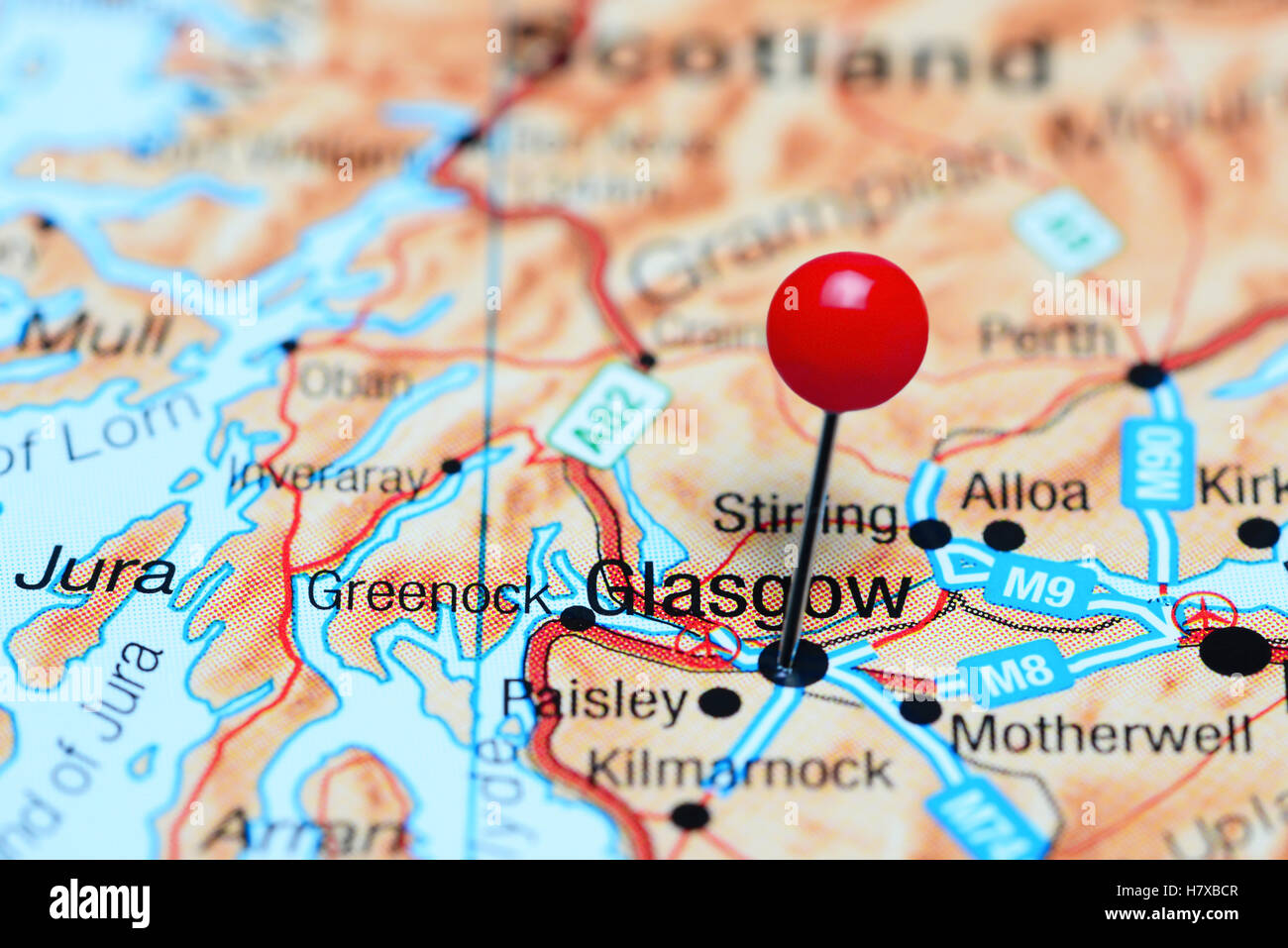 Glasgow imperniata su una mappa della Scozia Foto Stock