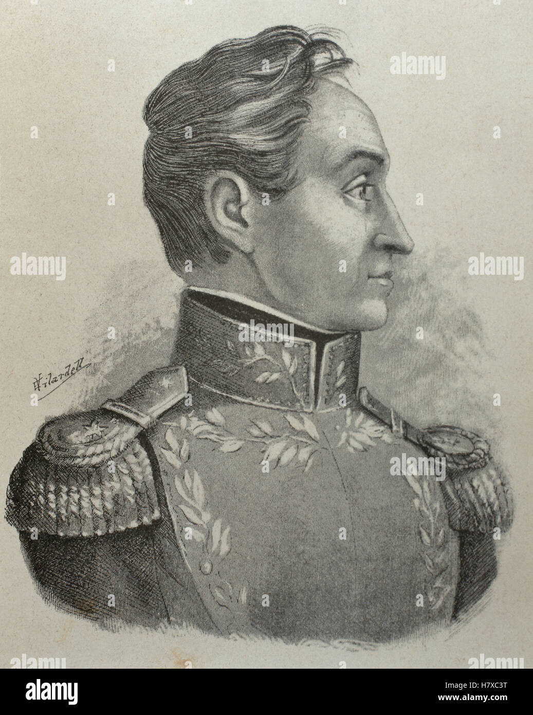 Simon Bolivar (1793-1830). Militare e statista venezuelano chiamato 'il liberatore". Ritratto. Incisione in 'Americanos Celebres', 1888. da E. Vilardell. Foto Stock