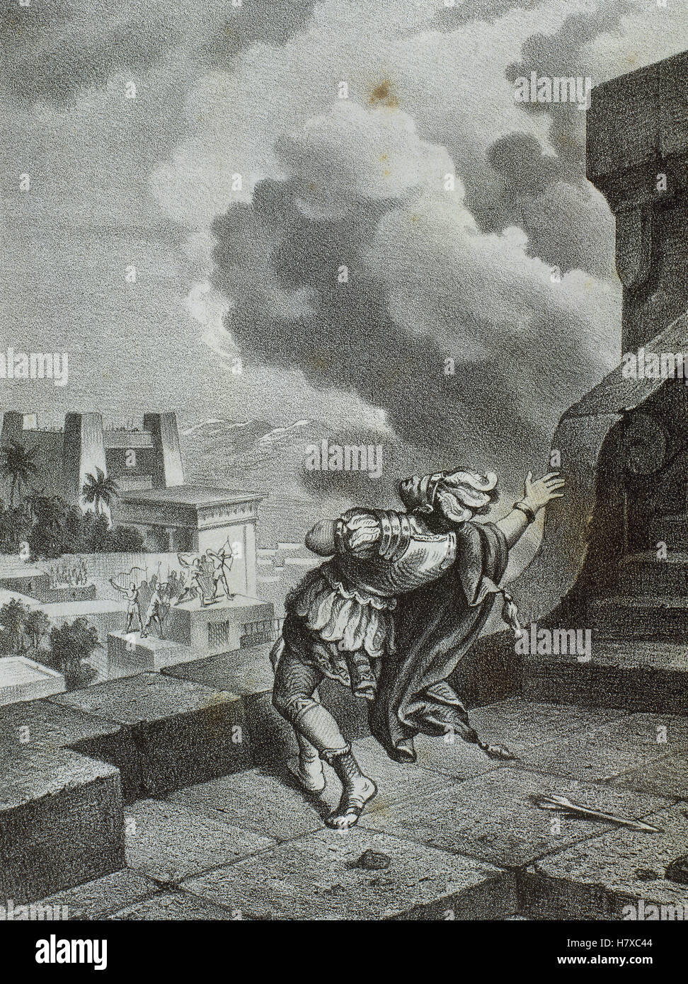 Moctezuma II (c. 1466-1520). Nona tlatoani o righello di Tenochtitlan. Regno, 1502 a 1520. La morte di Moctezuma II. Esistono diverse versioni di questo fatto dato da diverse fonti. Come Bernal del Castillo dice, lo spagnolo costretto Moctezuma a comparire sul balcone del suo palazzo, facendo appello ai suoi concittadini a ritirarsi. Le persone erano sconvolti dal loro imperatore della complicità e conciati lui con rocce e freccette. Morì di un breve periodo di tempo dopo che la. Questa versione è che cosa è mostrata in questa immagine. Incisione, 1875. Foto Stock