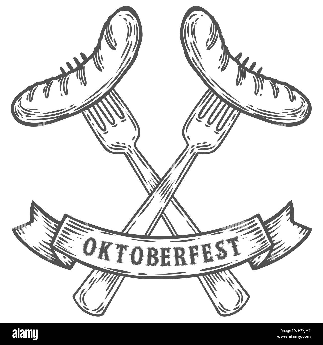 Oktoberfest salsiccia sulla forcella. Felice Oktoberfest. Il nero di alimenti carnei inciso vintage disegnati a mano illustrazione vettoriale. Isolato nero Illustrazione Vettoriale