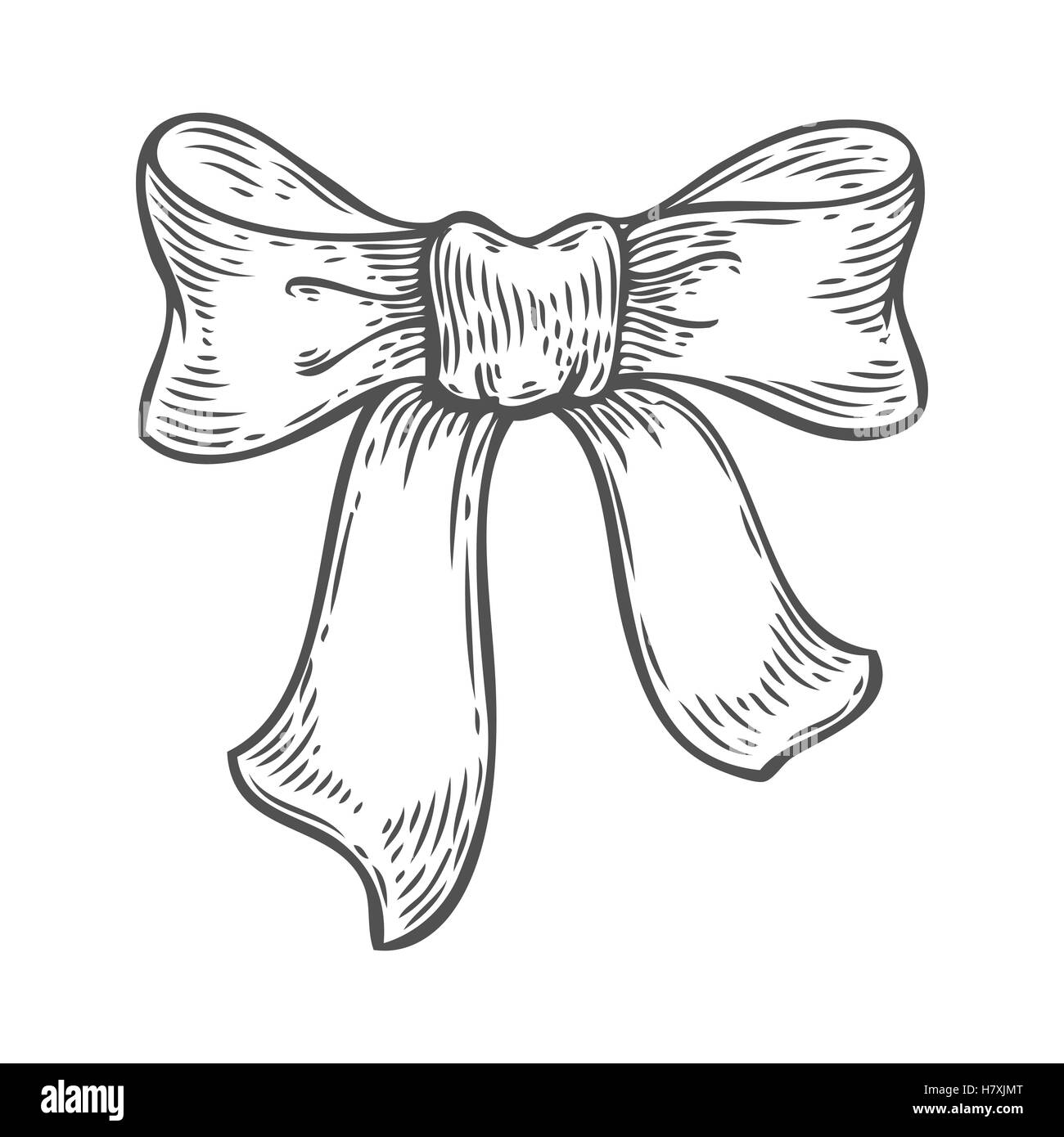 Arco di nastro di raso di nozze design isolato su sfondo bianco. Contorno a Mano libera inchiostro disegnata a mano segno abbozzato in arte doodle retrò vin Illustrazione Vettoriale