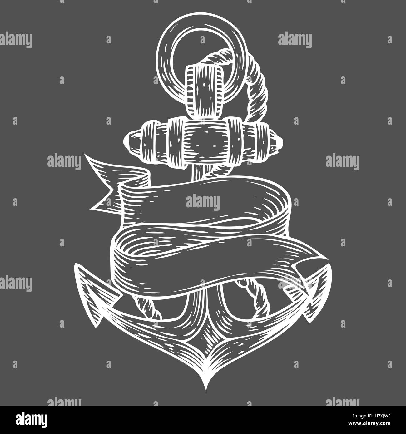 Vettore di ancoraggio disegnati a mano illustrazione stile inciso. Retro Vintage nautica doodle con nastro. Disegna il logo, emblema, banner, la Illustrazione Vettoriale