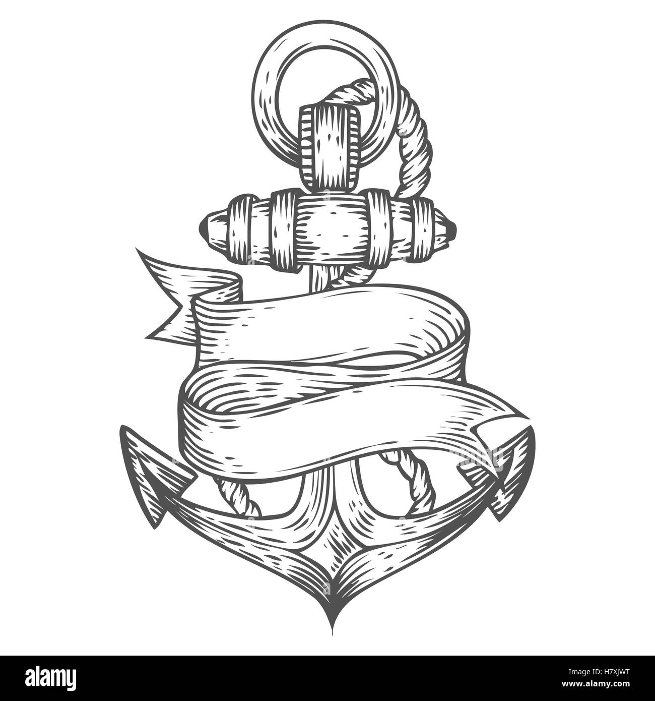 Vettore di ancoraggio disegnati a mano illustrazione stile inciso. Retro Vintage nautica doodle con nastro. Disegna il logo, emblema, banner, la Illustrazione Vettoriale