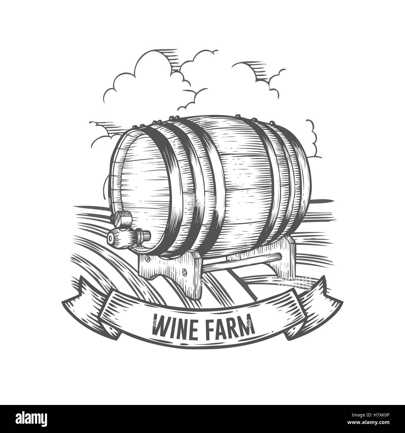 Azienda vinicola badge. Monocromatico incisione vintage canna segno isolato su sfondo bianco. Vettore di schizzi disegnati a mano illustrazione. Illustrazione Vettoriale