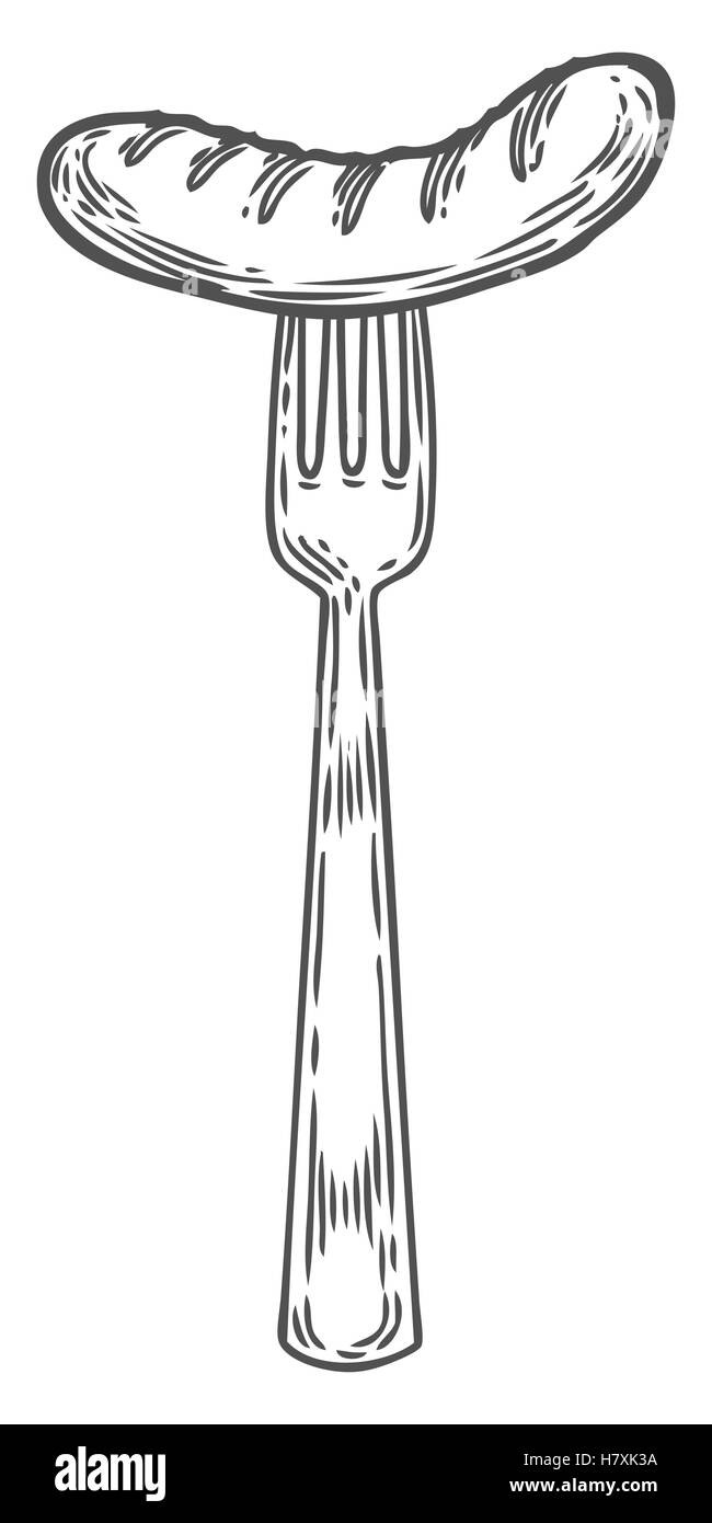 Vintage disegnati a mano la forcella con salsicce alla griglia. Disegno vettoriale illustrazione posate attrezzo. Ristorante Poster rétro in stile vintage Illustrazione Vettoriale