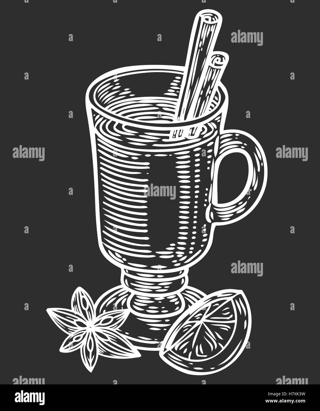 Vin brulé mano bozzetto illustrazione vettoriale cocktail con arancia e anice. Retro Vintage Natale Capodanno bevande per res Illustrazione Vettoriale