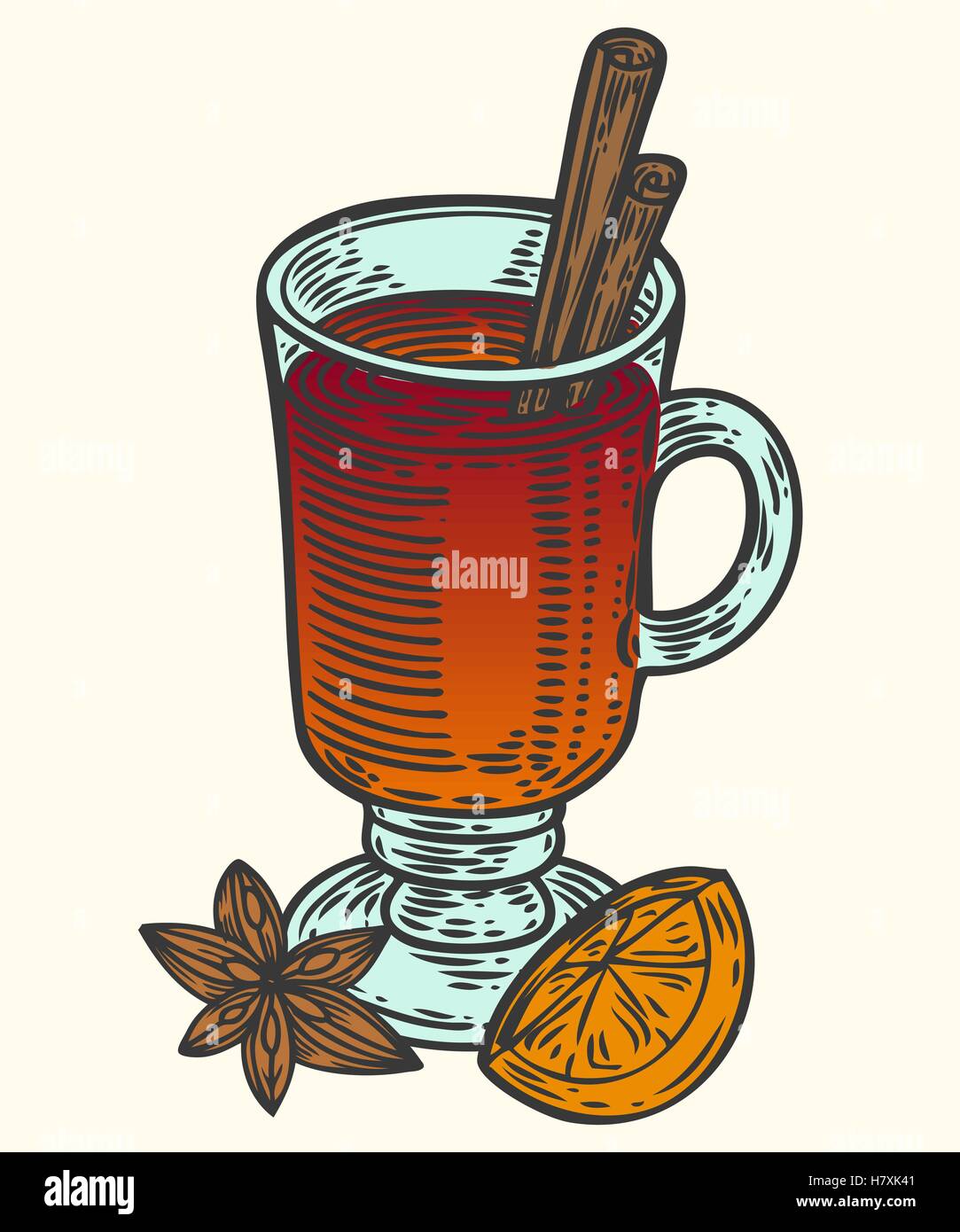 Vin brulé mano bozzetto illustrazione vettoriale cocktail con arancia e anice. Retro Vintage Natale Capodanno bevande per res Illustrazione Vettoriale