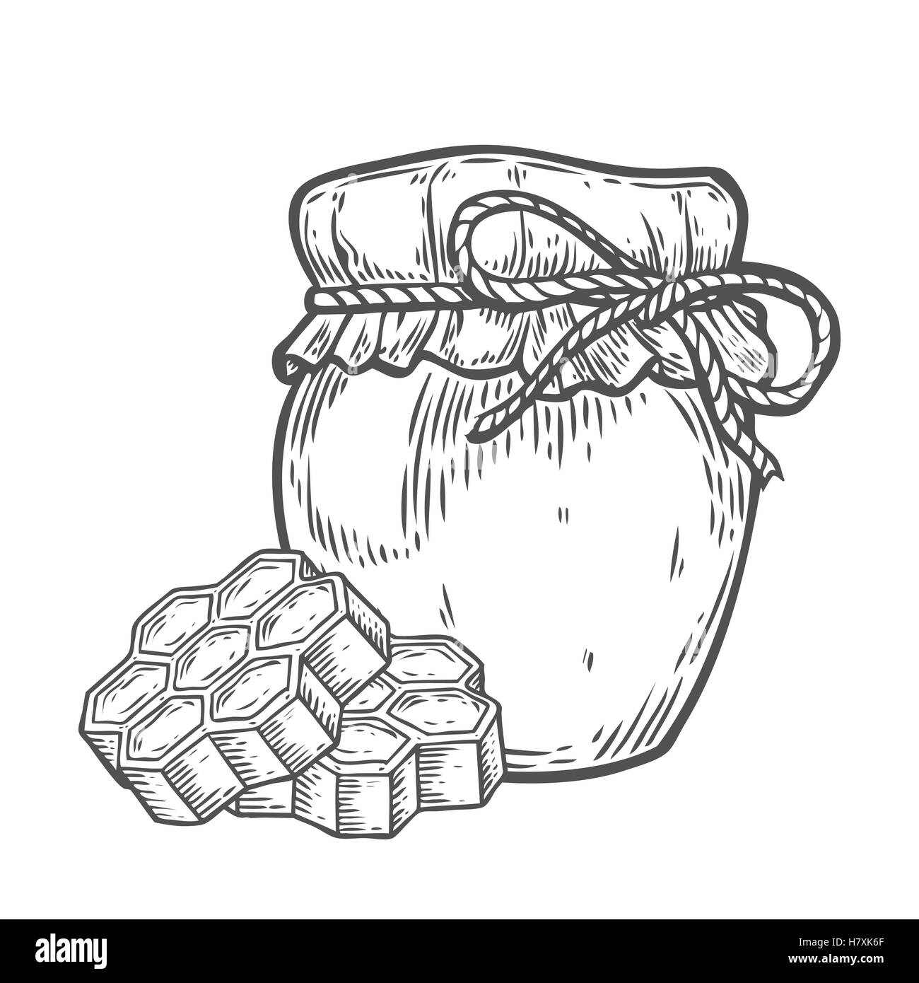 Vaso di miele, honeycomb vintage set. Incisi cibo organico mano bozzetto illustrazione. Isolato nero su sfondo bianco. Illustrazione Vettoriale