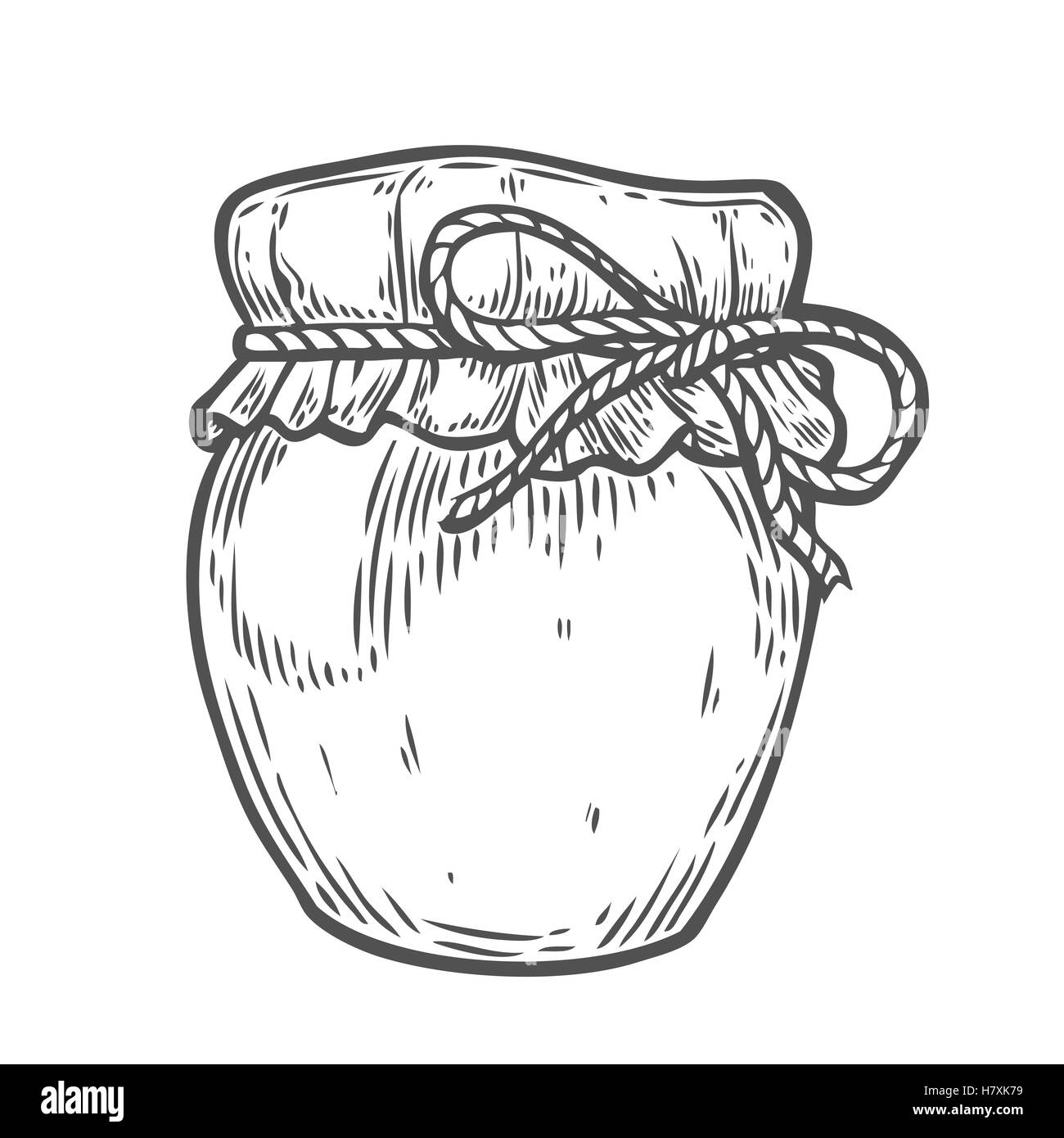 Vaso di miele vintage. Incisi cibo organico mano bozzetto illustrazione. Isolato nero su sfondo bianco. Illustrazione Vettoriale