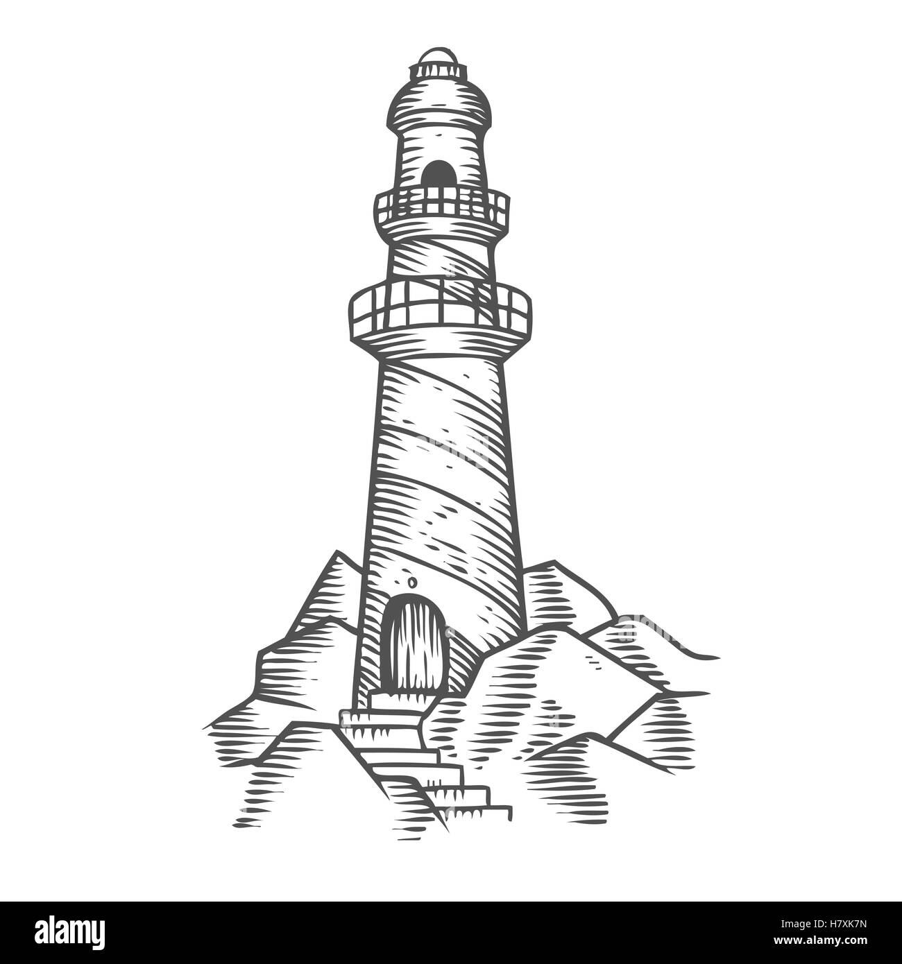 Torre faro sulle rocce, disegnato a mano schizzo di incisione vettore illustrazione nautico. Retro Vintage navigazione sede, marino Illustrazione Vettoriale