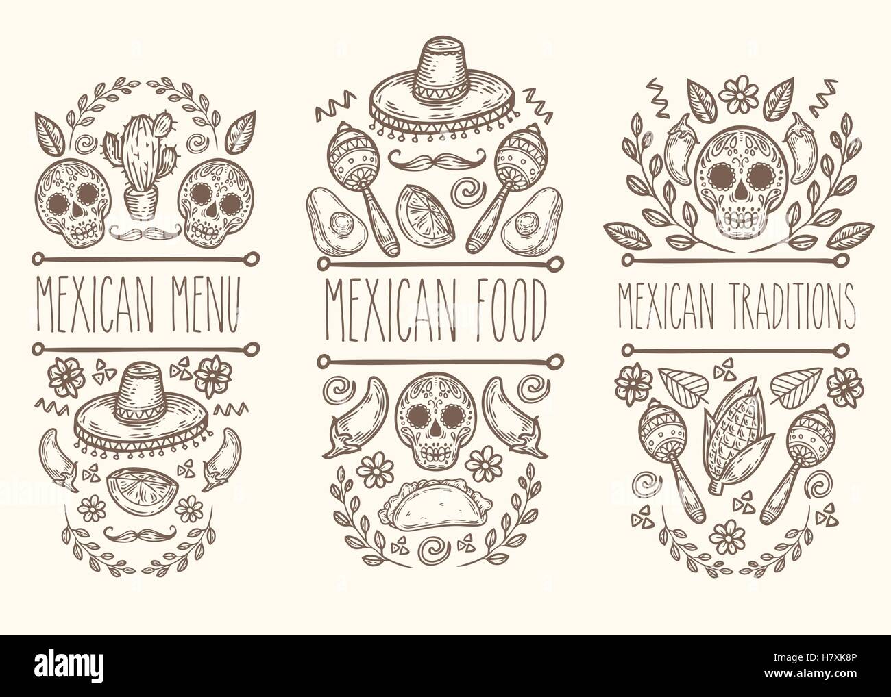 Schizzo messicano doodle collection, vettore disegnato a mano elementi etichetta. Cranio, zucchero cranio, sombrero, avocado, peperoncino, cactus, calce, Illustrazione Vettoriale