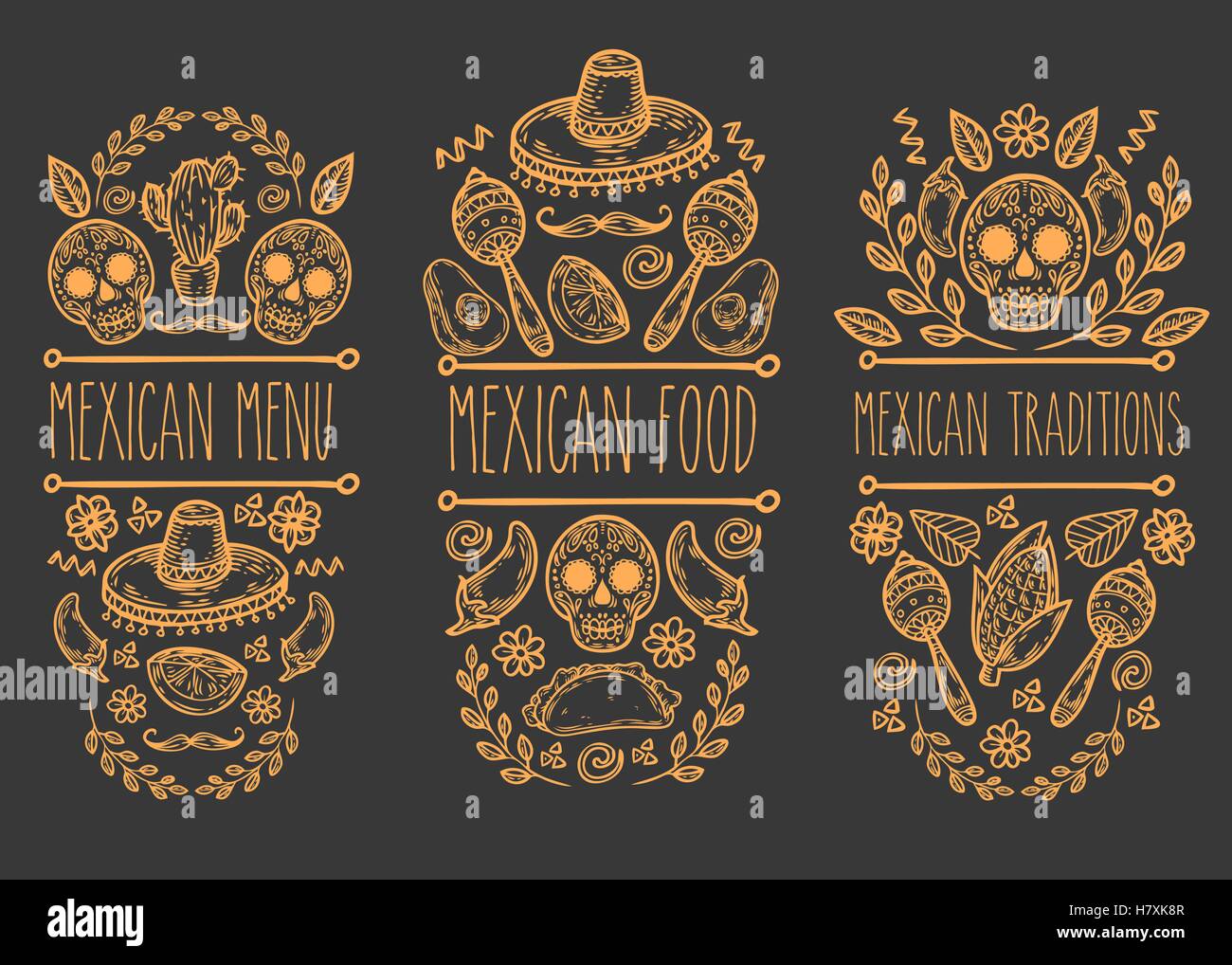 Schizzo messicano doodle collection, vettore disegnato a mano elementi etichetta. Cranio, zucchero cranio, sombrero, avocado, peperoncino, cactus, calce, Illustrazione Vettoriale