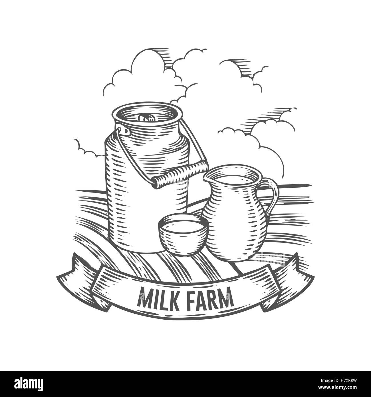 Mercato degli allevatori latte badge di fattoria. Vintage monocromatica inciso pentola di latte, può brocca fresca segno organico isolato su sfondo bianco. Illustrazione Vettoriale