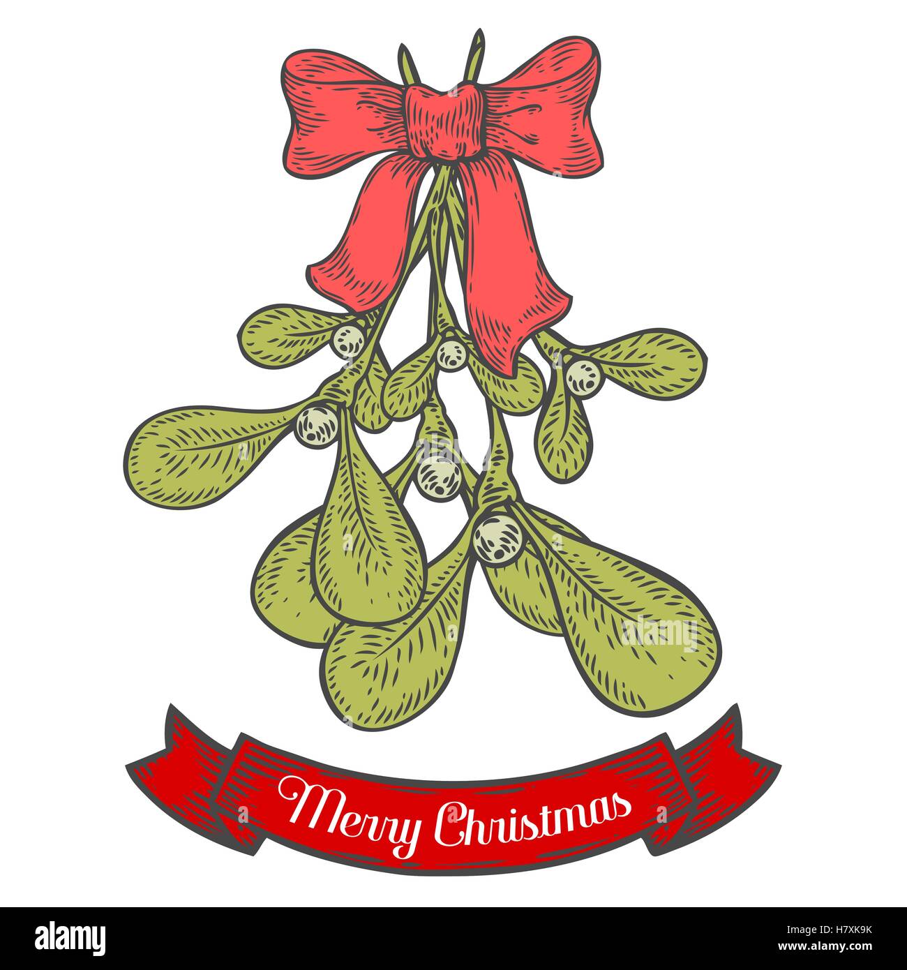 Disegnata a mano vischio pianta con berry. Vettore di piante di Natale rétro in stile vintage. Natale romantico illustrazione. Saluto auto Illustrazione Vettoriale