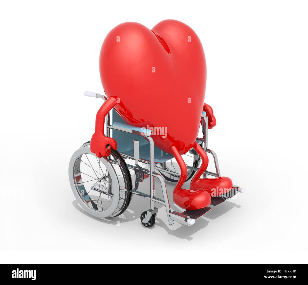 Grande cuore rosso con le braccia e le gambe su una sedia a rotelle isolato 3d illustrazione Foto Stock