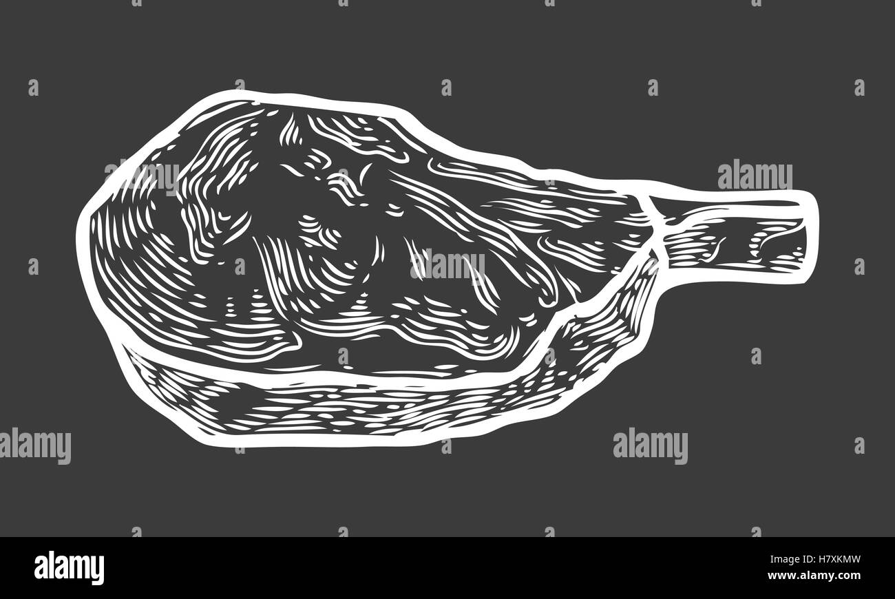 Bistecca bistecca di manzo, grigliate di carne caldo piatto bbq. Etichettare la carne. per menu design. logo vettoriale per la stampa e la timbratura. Mano inciso Illustrazione Vettoriale
