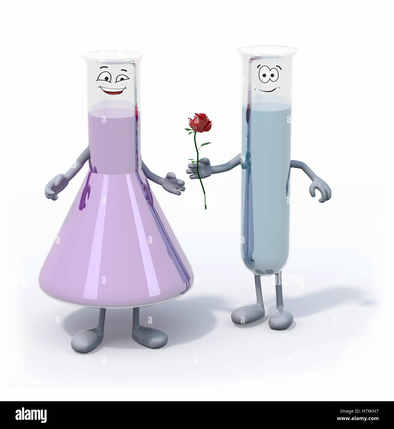 Due cartoon testtubes con liquido colorato all'interno che cadere in amore, 3d illustrazione Foto Stock