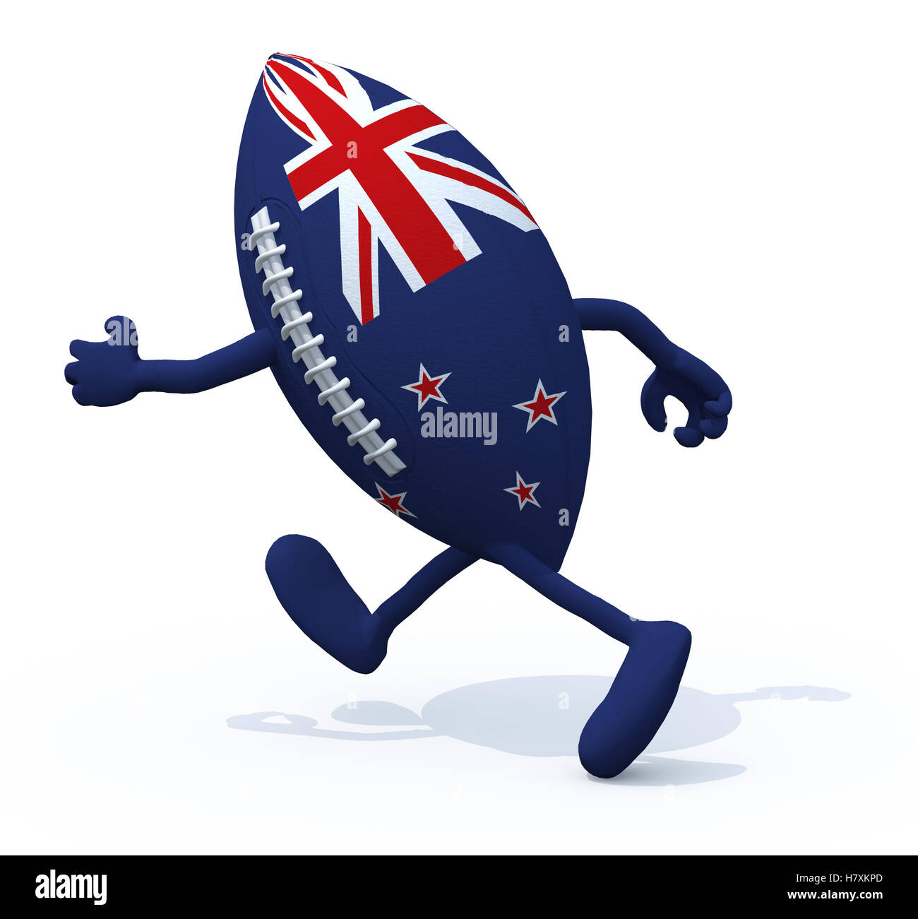 Bandiera della Nuova Zelanda sulla sfera di rugby con le braccia e le gambe che scappare, 3D illustrazione Foto Stock