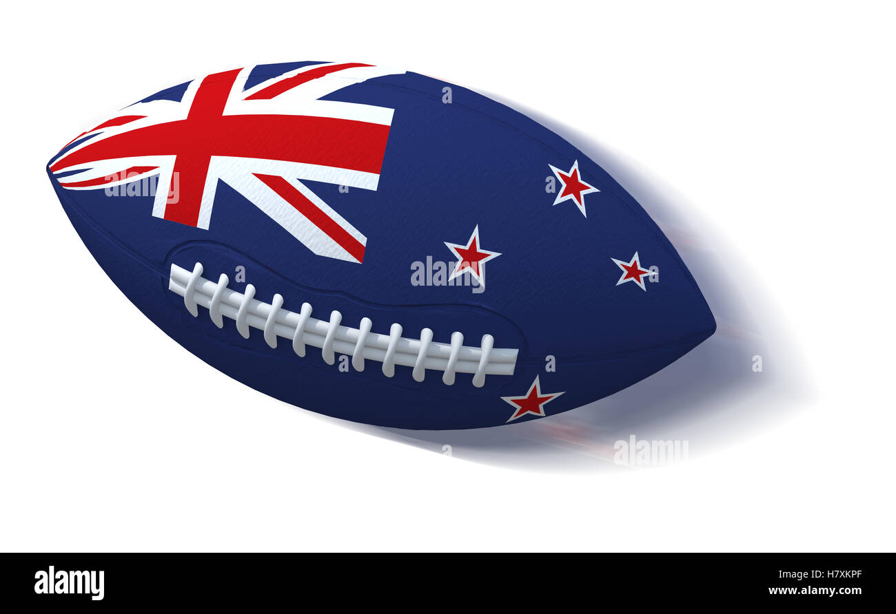 Bandiera della Nuova Zelanda su pallone da rugby con motion blur su bianco, 3D illustrazione Foto Stock