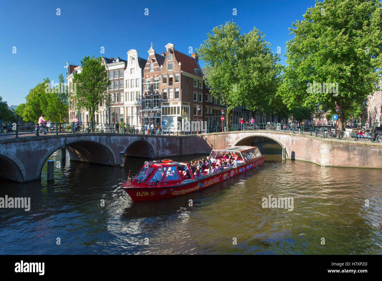Crociera turistica barca sul canale Prinsengracht Amsterdam, Paesi Bassi Foto Stock