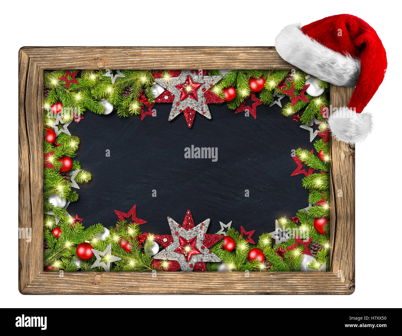 Natale decorati xmas lavagna Lavagna con telaio in legno santa hat rami d abete decorazione di Natale rosso argento Foto Stock