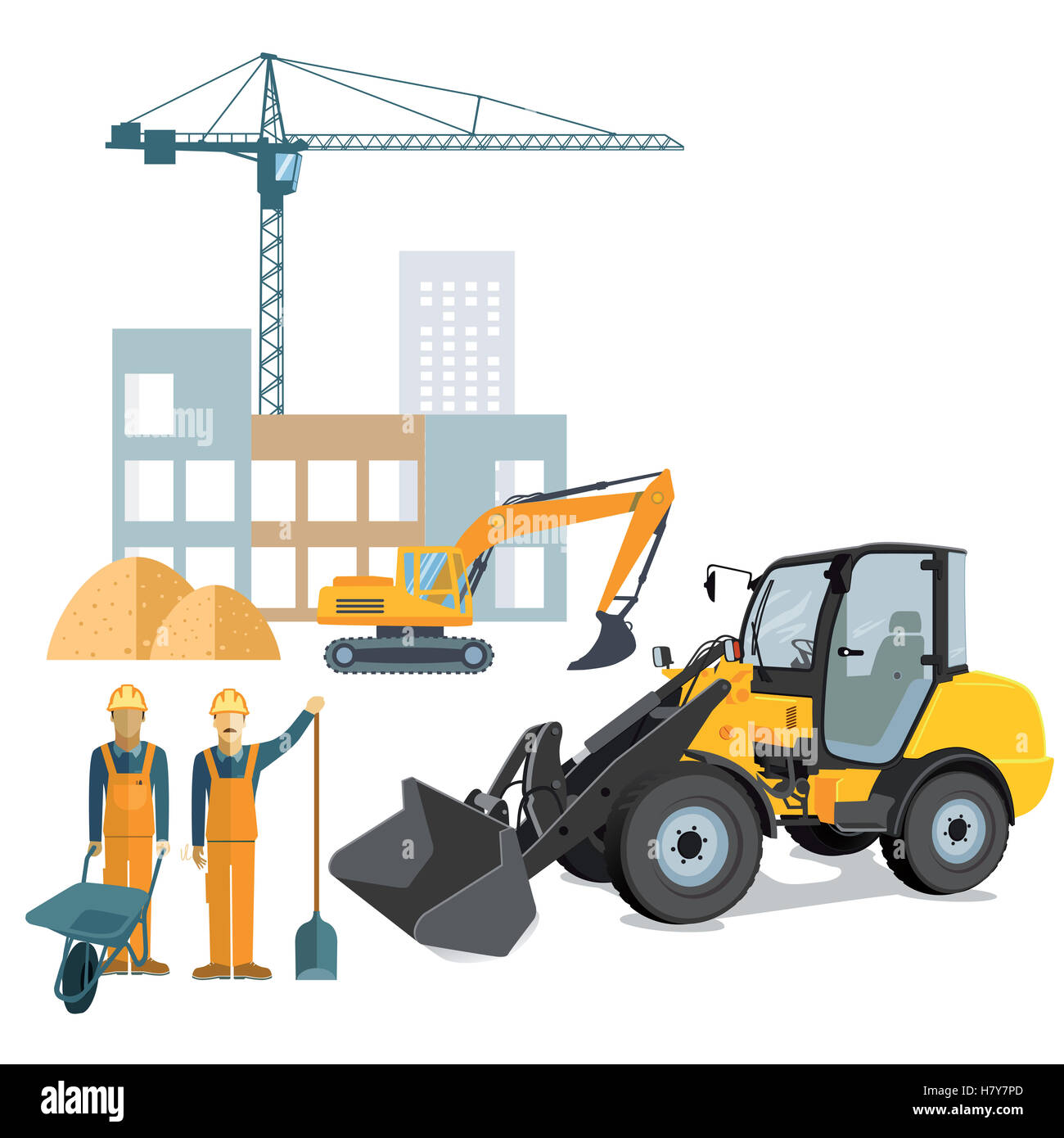 Sito in costruzione con gru e la pala caricatrice gommata Foto Stock