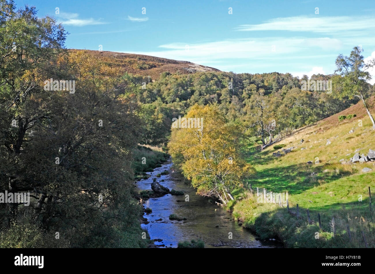 Una vista della parte superiore del fiume Deveron Fiumi vicino al Cabrach, Aberdeenshire, Scotland, Regno Unito. Foto Stock